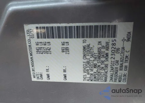 2012 Nissan Altima 2.5 S z USA, uszkodzony, nr VIN 1N4AL2AP1CC230285